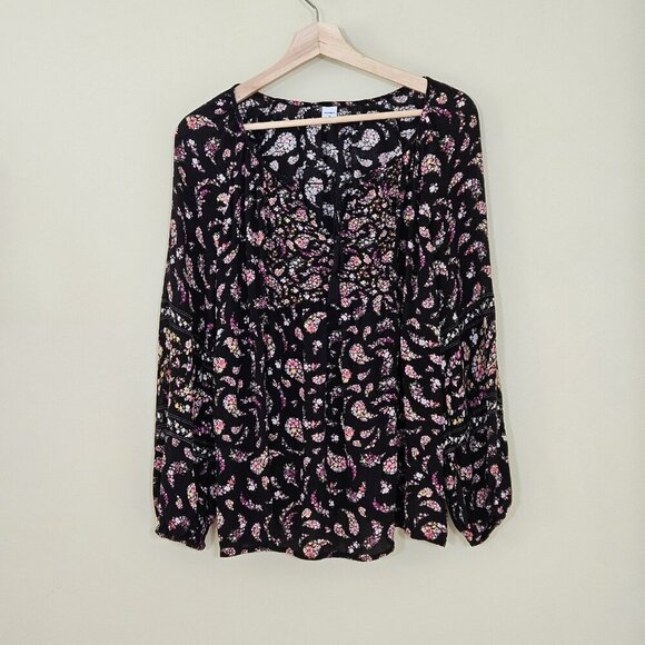 Old Navy Top Women M Black Floral Paisley Puff Sleeves Tassels Boho Whimsigoth - Picture 1 of 16